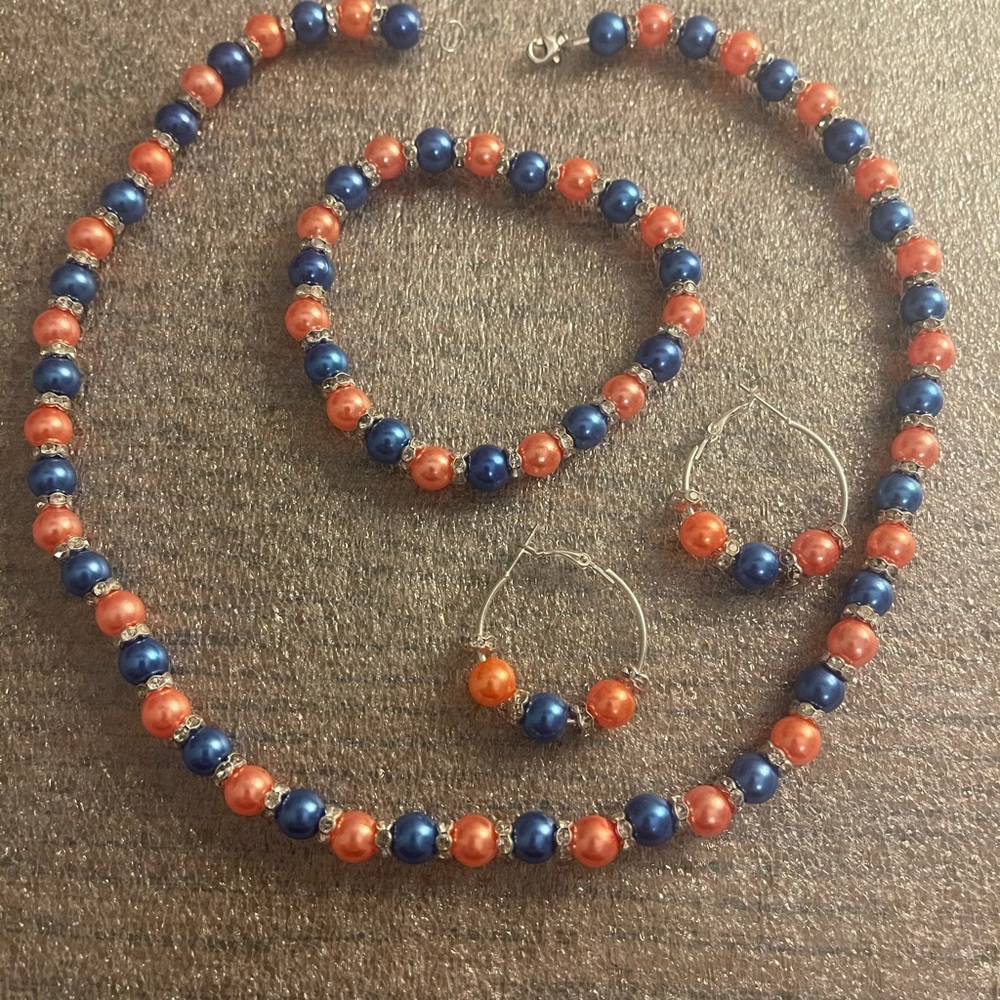 Necklace Set Handmade Orange & Blue - Picture 2 of 4